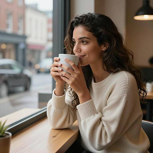 Woman Enjoying Coffee by Cafe Window