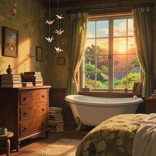 Cozy vintage bedroom with floral wallpaper, wooden dresser, stacks of books, clawfoot bathtub, sunlit window, green curtains, and hanging paper birds
