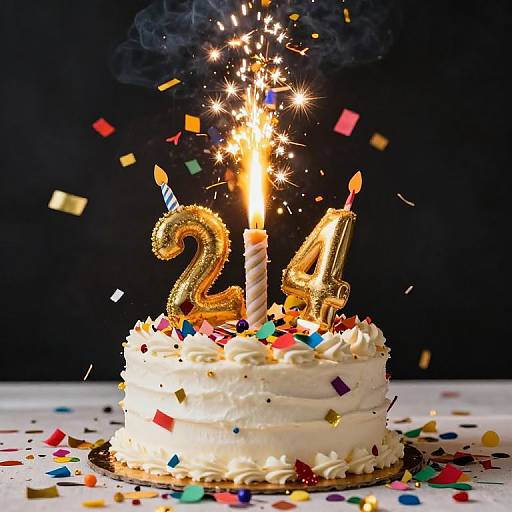 Photograph of a white frosted birthday cake with 