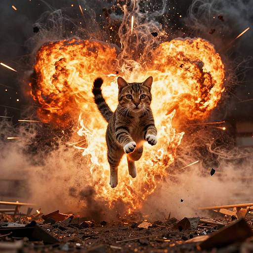 Photograph of a tabby cat mid-leap through a massive, fiery explosion, with bright orange flames and smoke, debris flying around.