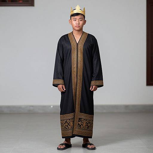Photograph of an Asian boy wearing a gold crown, black robe with intricate gold embroidery, and black sandals, standing in a plain white-walled room
