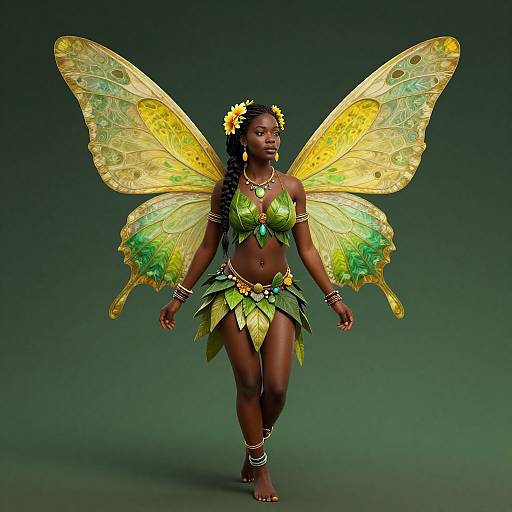 Photograph of a dark-skinned woman with yellow-green fairy wings, wearing a leafy green bikini top and skirt, gold jewelry, and a sun