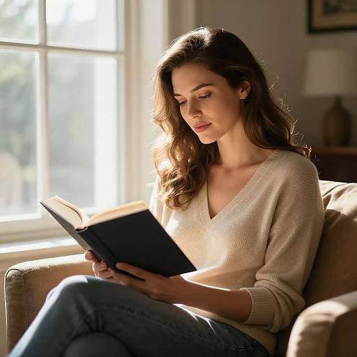 Photograph of a brown-haired woman in a white V-neck sweater, reading a book in sunlight-filled room, sitting on beige armchair.