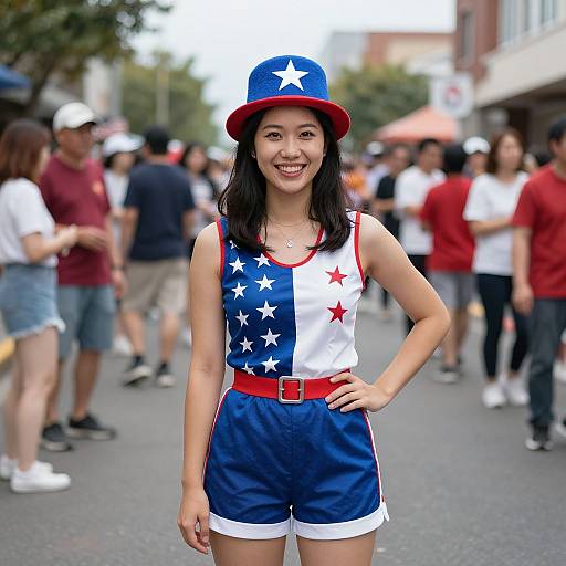 Asian woman with black hair, wearing star-spangled tank top, blue shorts, red belt, and red-white-blue hat, smiles in crowded street.