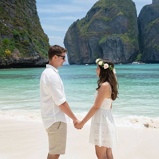 Photograph of a smiling couple holding hands on a tropical beach, with turquoise water and lush, green cliffs in the background. The woman wears a white