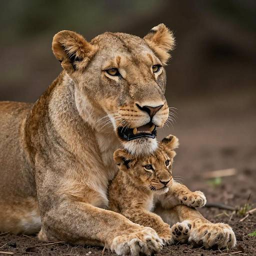 Lioness Portrait with Relaxed Cub
