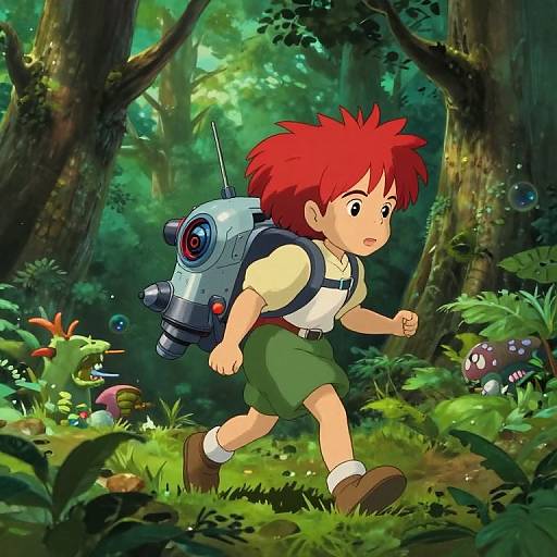 Anime-style illustration of a red-haired boy with a robot backpack, green shorts, and brown shoes, running through a lush, forested jungle with mushrooms