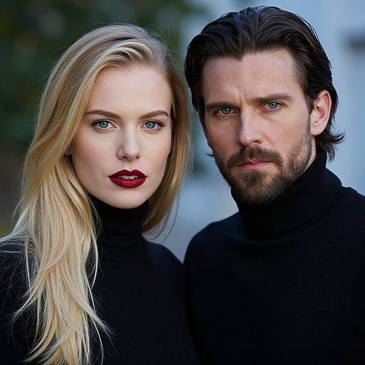 Photograph of a blonde woman with red lipstick and a bearded man with dark hair, both wearing black turtlenecks, standing closely together outdoors