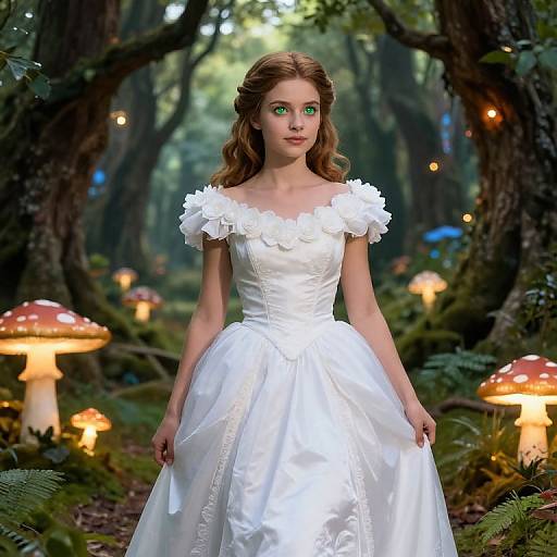 Photorealistic digital artwork of a fair-skinned, green-eyed woman in a white, floral-embellished ball gown standing in a mystical forest