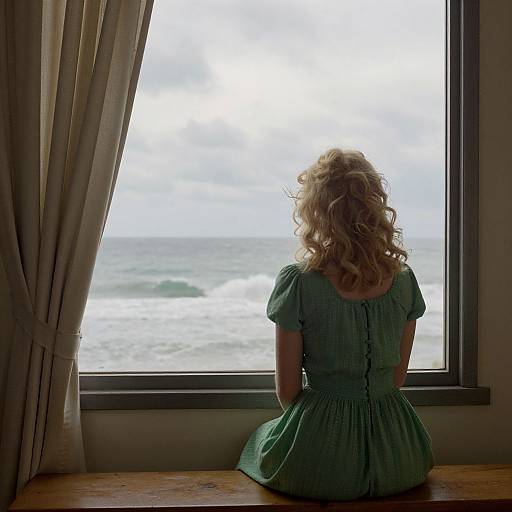 Photograph of a blonde woman with curly hair, wearing a green dress, sitting on a windowsill, gazing at a cloudy ocean view through a