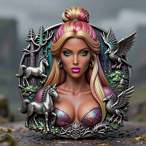 Digital artwork of a blonde, green-eyed, pink-lipped woman with a high ponytail, sparkling bra, surrounded by silver deer, wings, and
