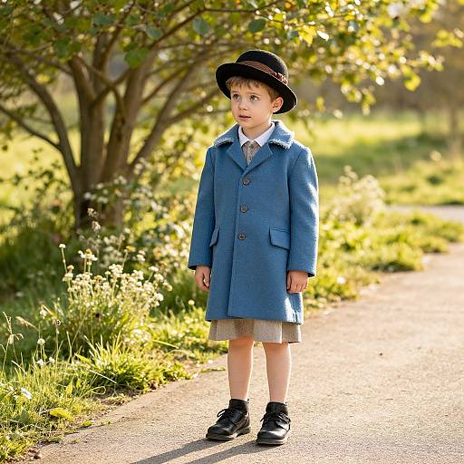 Photograph of a young boy in a blue coat, black hat, and black shoes, standing on a sunlit path with greenery and a tree