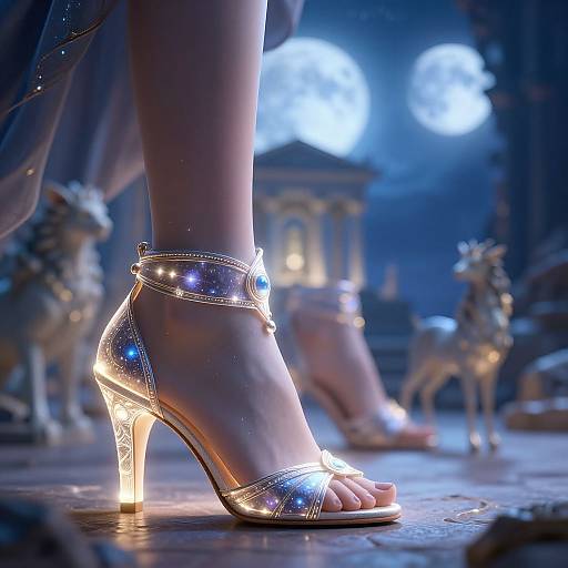 Photograph of a woman's foot in a sparkling, high-heeled sandal adorned with blue gemstones, illuminated by soft, moonlit light,