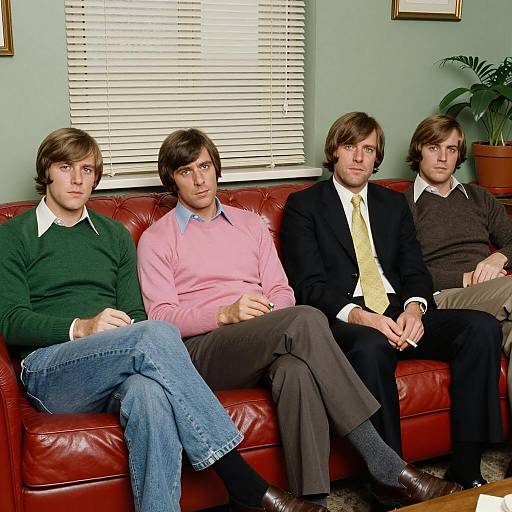 Four Men Sitting on Red Leather Couch in 1970s Style