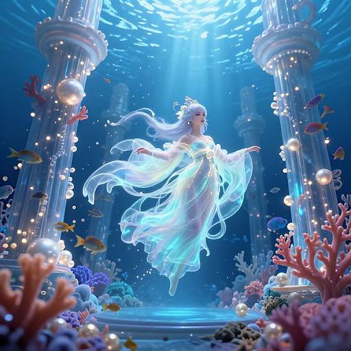 Digital art of an ethereal, glowing woman in a flowing white dress, surrounded by underwater columns, fish, coral, and bubbles, illuminated by blue