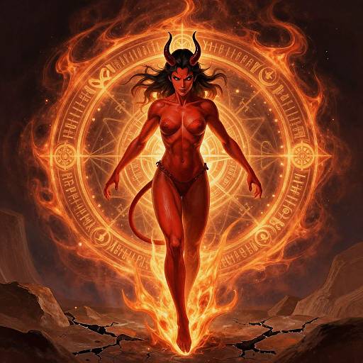 Digital artwork: Muscular red demoness with black horns, long hair, and red bikini, floats on fiery magic circle, surrounded by glowing runes and