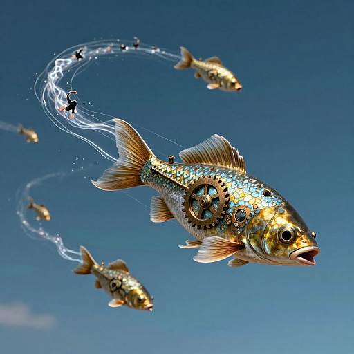 Digital artwork of a shimmering, gear-adorned goldfish with flowing, sparkling trails, swimming in a clear blue sky, surrounded by smaller gold