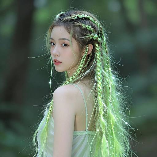 Photograph of an Asian woman with glowing neon green braided hair, wearing a white sleeveless top, looking over her shoulder in a forest background.