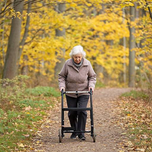 Elderly Woman Walking in Autumn Forest