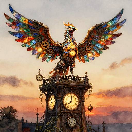 Mechanical Phoenix on Steampunk Clocktower
