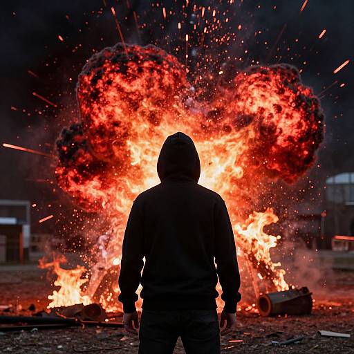 Photograph of a silhouetted person in a hooded jacket facing a massive, fiery explosion with bright red and orange flames and flying sparks in