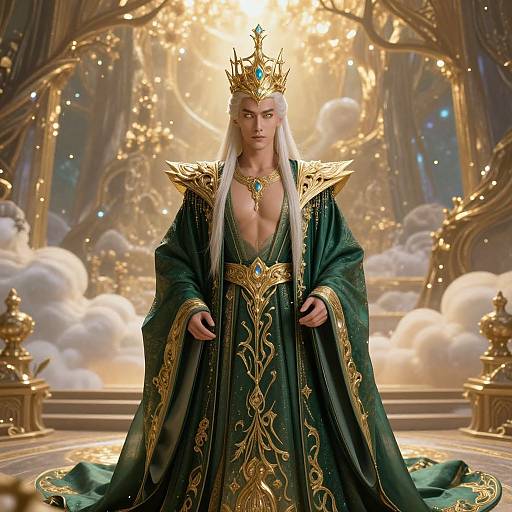 Digital artwork of a regal, white-haired, androgynous figure with a golden crown, wearing an ornate green and gold robe, standing