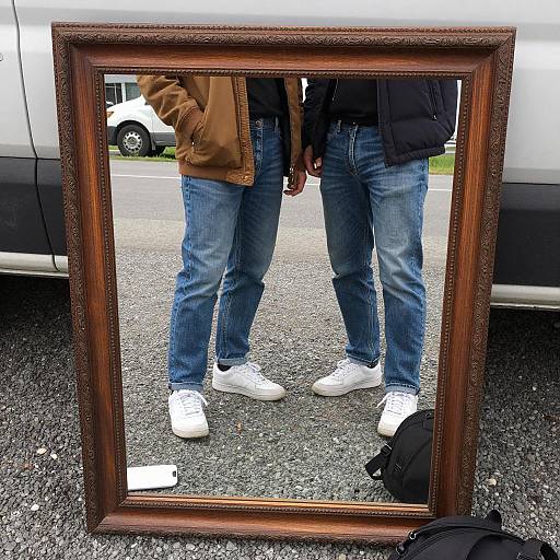Reflection of Two People in Ornate Mirror