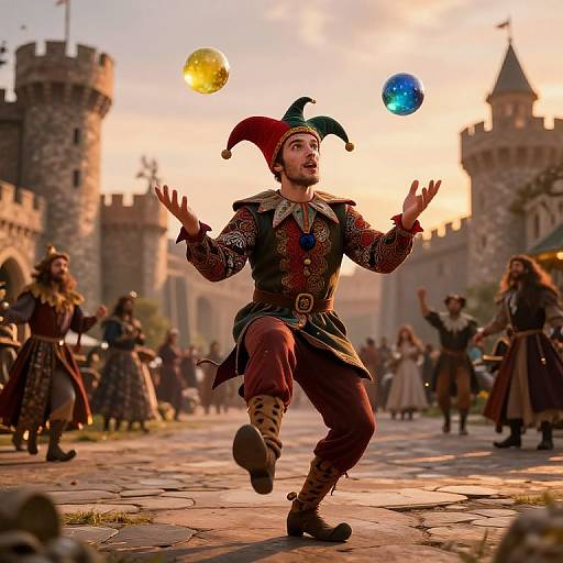 Photorealistic CGI of a jester in medieval attire juggling colorful balls in a castle courtyard at sunset, surrounded by knights.