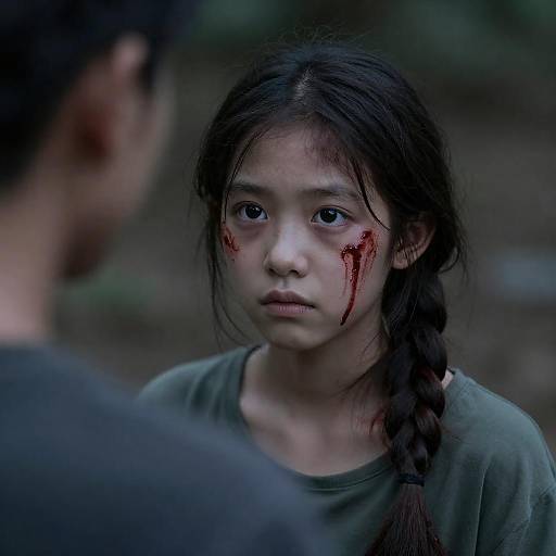 Young girl with blood on face and intense gaze