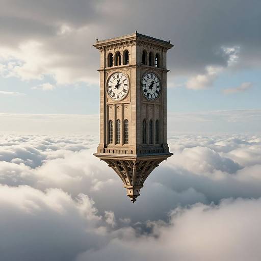 Photorealistic digital image of a floating, ornate clock tower with two white clock faces, surrounded by fluffy clouds and a partly cloudy sky.