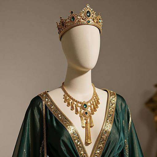 Photograph of a faceless mannequin wearing an ornate gold crown, matching necklace, and deep green, gold-embellished robe.