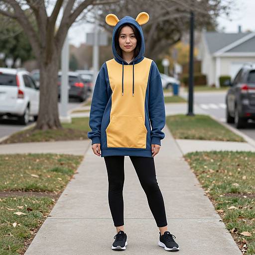 Photograph of a young woman standing on a suburban sidewalk, wearing a yellow and navy hooded sweatshirt with orange bear ears, black leggings, and