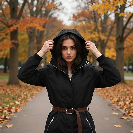 Photograph of a young woman with dark hair, wearing a black hooded coat, standing on a leaf-covered path in an autumnal park.