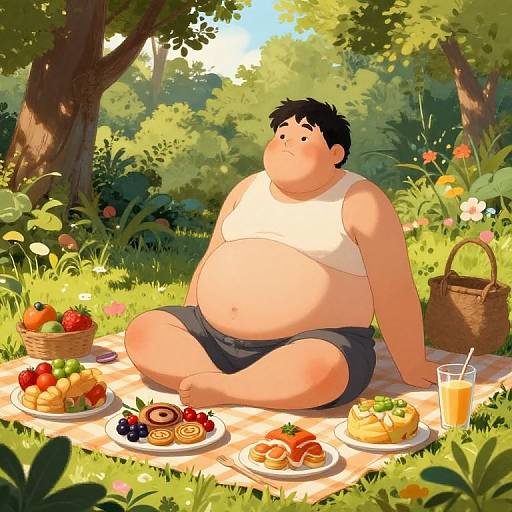 Digital illustration of a chubby man in a white tank top and black shorts, sitting on a picnic blanket in a sunny, lush forest, surrounded by baskets