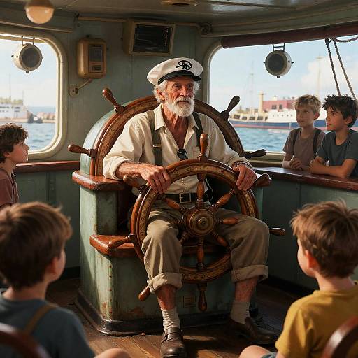 Retired Sea Captain Teaching Children on Ship Wheelhouse