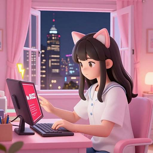 Digital anime-style illustration of a girl with cat ears, black hair, and white sailor uniform, typing on a laptop in a brightly lit room with a