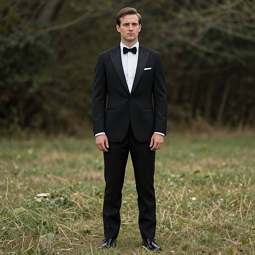Photograph of a young Caucasian man in a black tuxedo with white shirt and black bow tie, standing in a grassy field with a forest