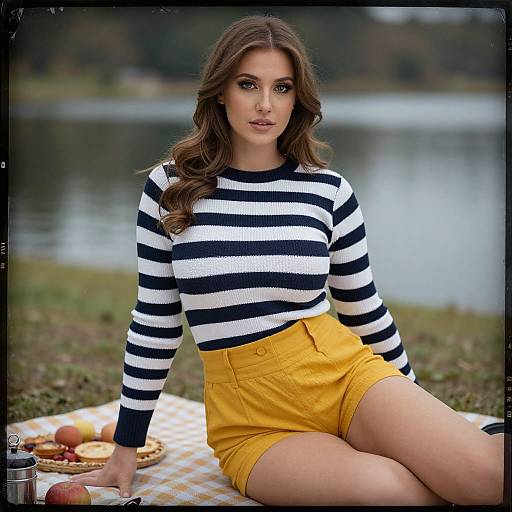 Photograph of a young woman with long brown hair, wearing a black-and-white striped sweater and yellow shorts, sitting on a checkered blanket by a