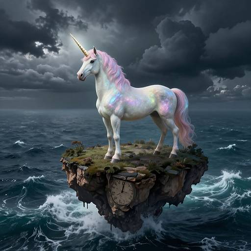 Fantastical digital artwork: radiant white unicorn with pink and blue mane and tail, standing on rocky island amidst stormy ocean waves, under dark,