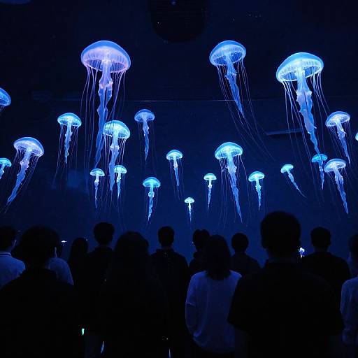 Silhouetted Figures Under Bioluminescent Jellyfish