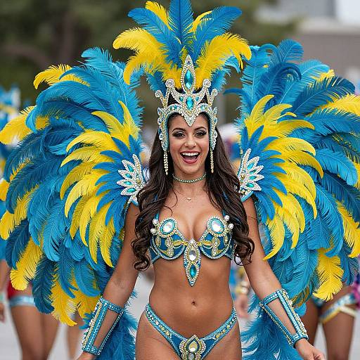 Photograph of a smiling Latina woman with long dark hair, wearing a blue and yellow feathered headdress, matching bra, and thong, adorned
