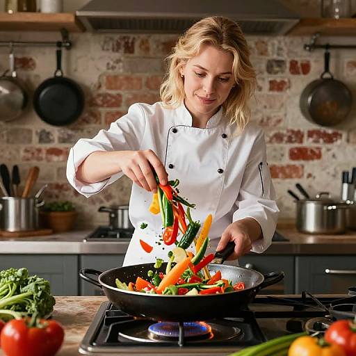 Blonde chef in white coat slicing colorful vegetables over a sizzling pan on a modern kitchen stove with brick wall background.
