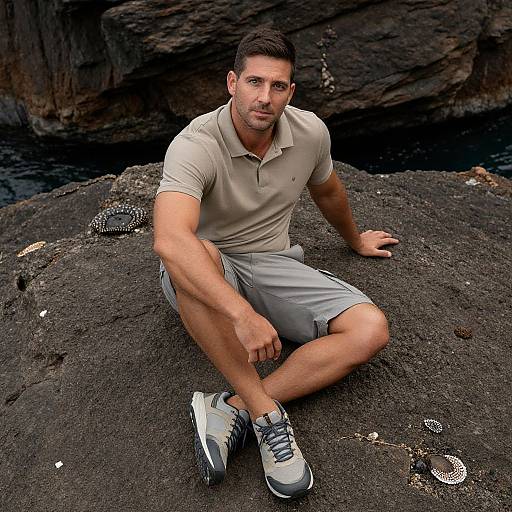 Photograph of a muscular, short-haired man with light skin, wearing a beige polo, gray shorts, and gray sneakers, sitting on dark volcanic rocks