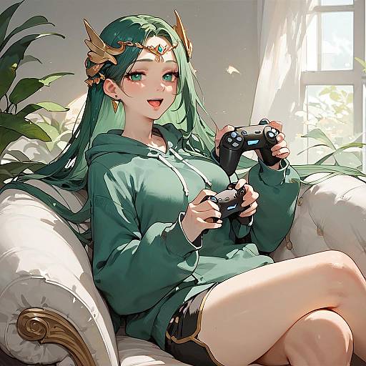 Happy Anime Girl Gaming on Couch