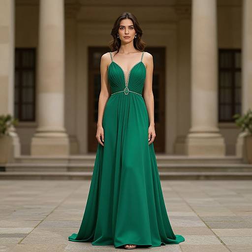 Photograph of a woman with wavy dark hair in a deep emerald green, sleeveless, V-neck gown with silver embellishments, standing on