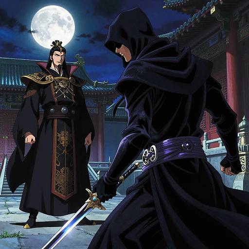 Digital anime-style image of two samurai in black robes under a full moon. One samurai stands with ornate armor, the other lunges forward