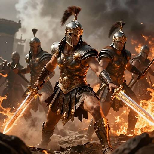 Digital artwork of three muscular, armored gladiators with fiery swords, black skirts, and feathered helmets in a smoky, burning battlefield.