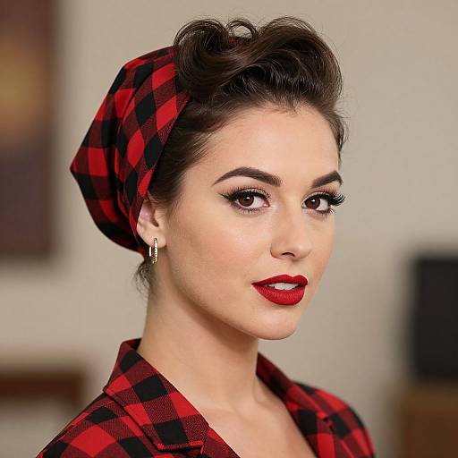 Photograph of a fair-skinned woman with dark hair in a red and black plaid headscarf, bold red lipstick, and gold earrings,
