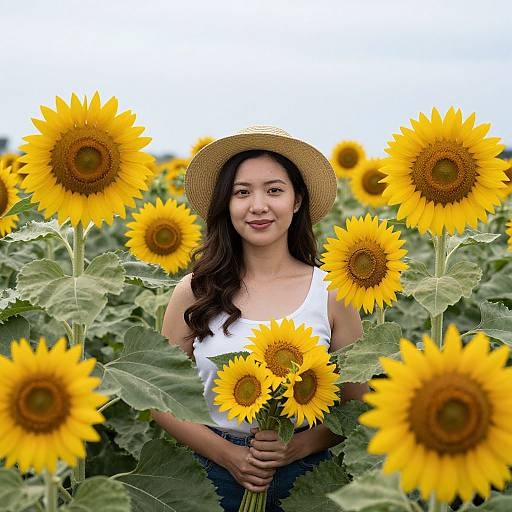 Photograph of a smiling Asian woman with long dark hair, wearing a straw hat and white tank top, holding sunflowers in a sunflower field.