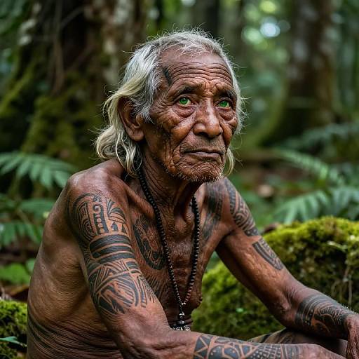 Photograph of an elderly, tattooed, topless Indigenous forest man with green eyes, white-gray hair, and black bead necklace, sitting amidst moss